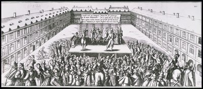 Freilufttheateraufführung mit Antoine Firard (1584-1633), bekannt als Tabarin, auf der Bühne von French School